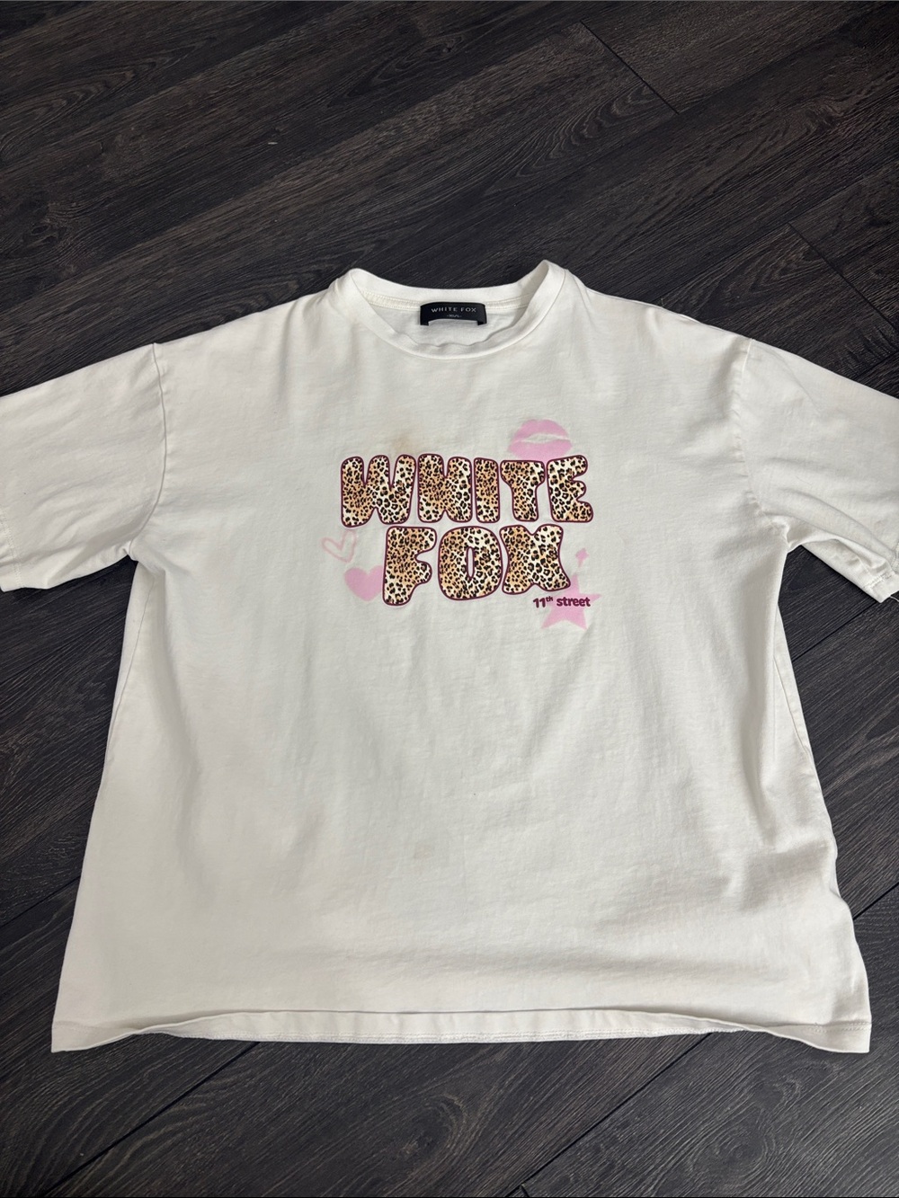 White Fox Boutique White Tee with Leopard Logo and Pink Accents